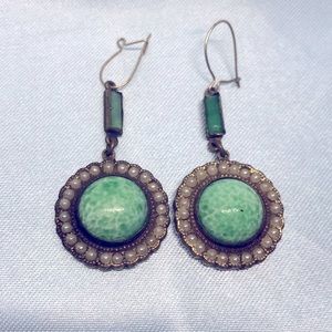 Vintage Green Glass and Bronze Drop Earrings